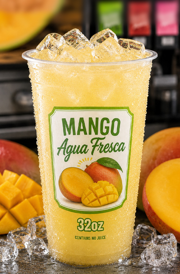 Mango Light orange colored Mango drink in a cup of ice in front of a soda machine